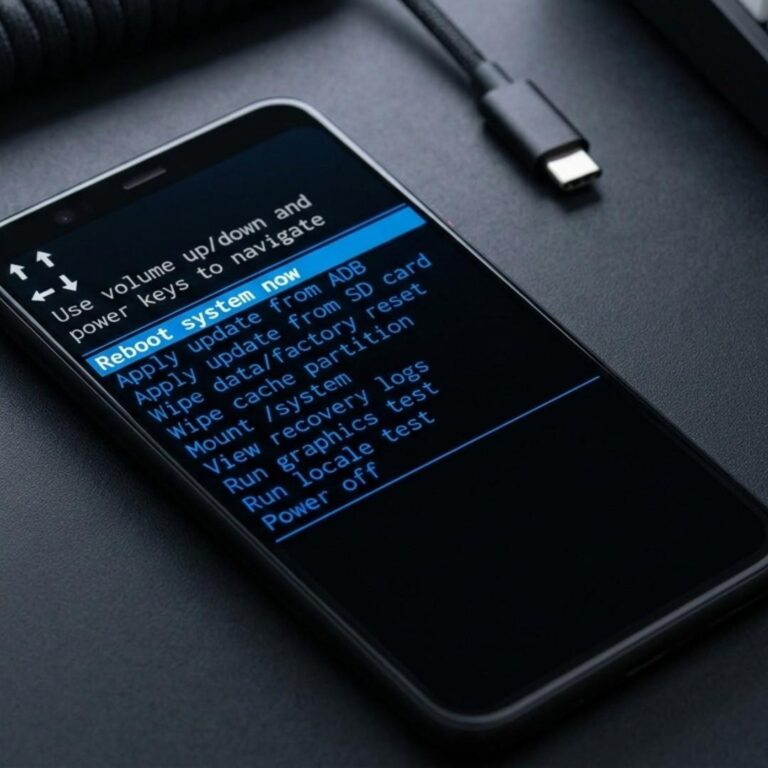 Android recovery mode screen with wipe cache partition and factory reset options visible