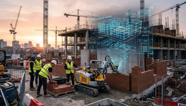 Autonomous construction robot laying bricks on modern commercial jobsite