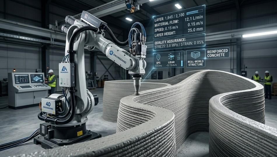 Large scale robotic 3D concrete printer constructing modern building wall layer by layer