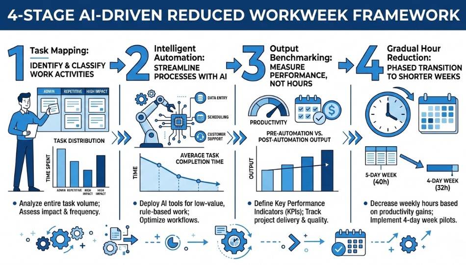Four-stage AI-driven reduced work week frame work