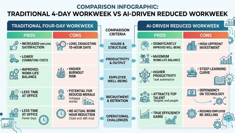 traditional four-day work week versus AI-driven reduced work week mode